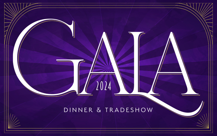 Purple background with text Gala Dinners and Tradeshow