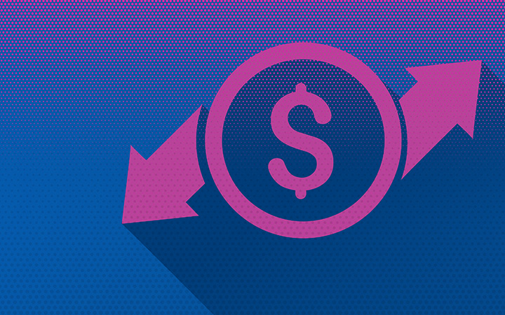 Vibrant purple and blue dollar symbol on blue backdrop.
