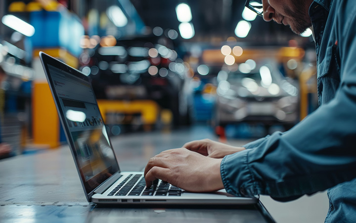Person using a laptop in an automotive workshop, highlighting the importance of cyber security in modern vehicle services