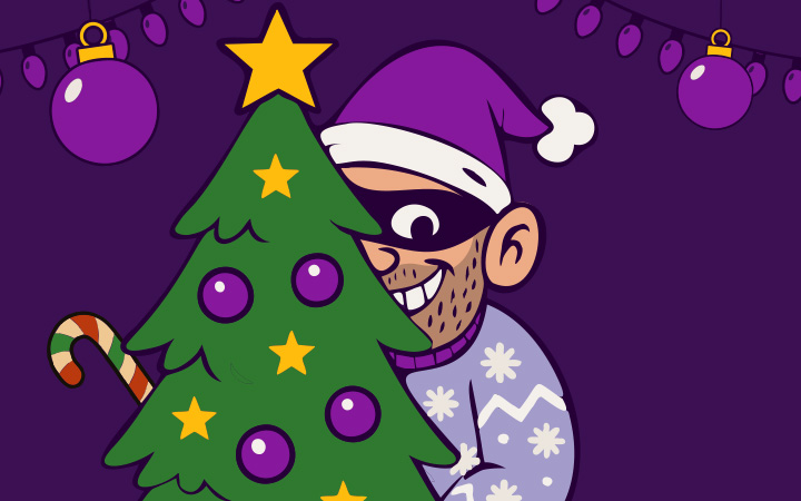 Cartoon illustration of a festive Christmas tree decorated with purple ornaments and a yellow star, with a mischievous character in a purple Santa hat peeking from behind; promoting holiday phishing awareness.