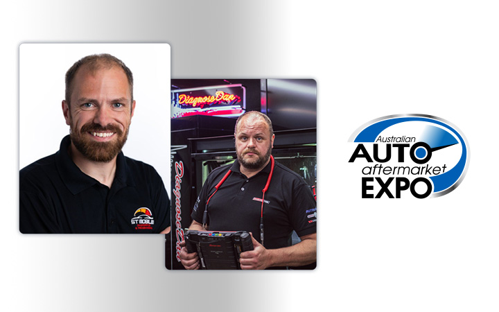 Danny Versluis, aka ‘Diagnose Dan’, and Sean Tipping in front of a banner that reads "Australian Auto Aftermarket Expo".