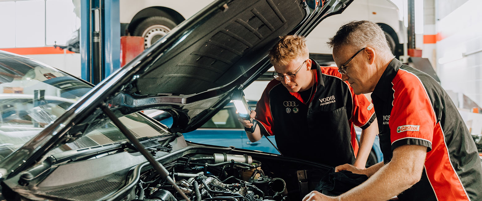 Two men looking at car