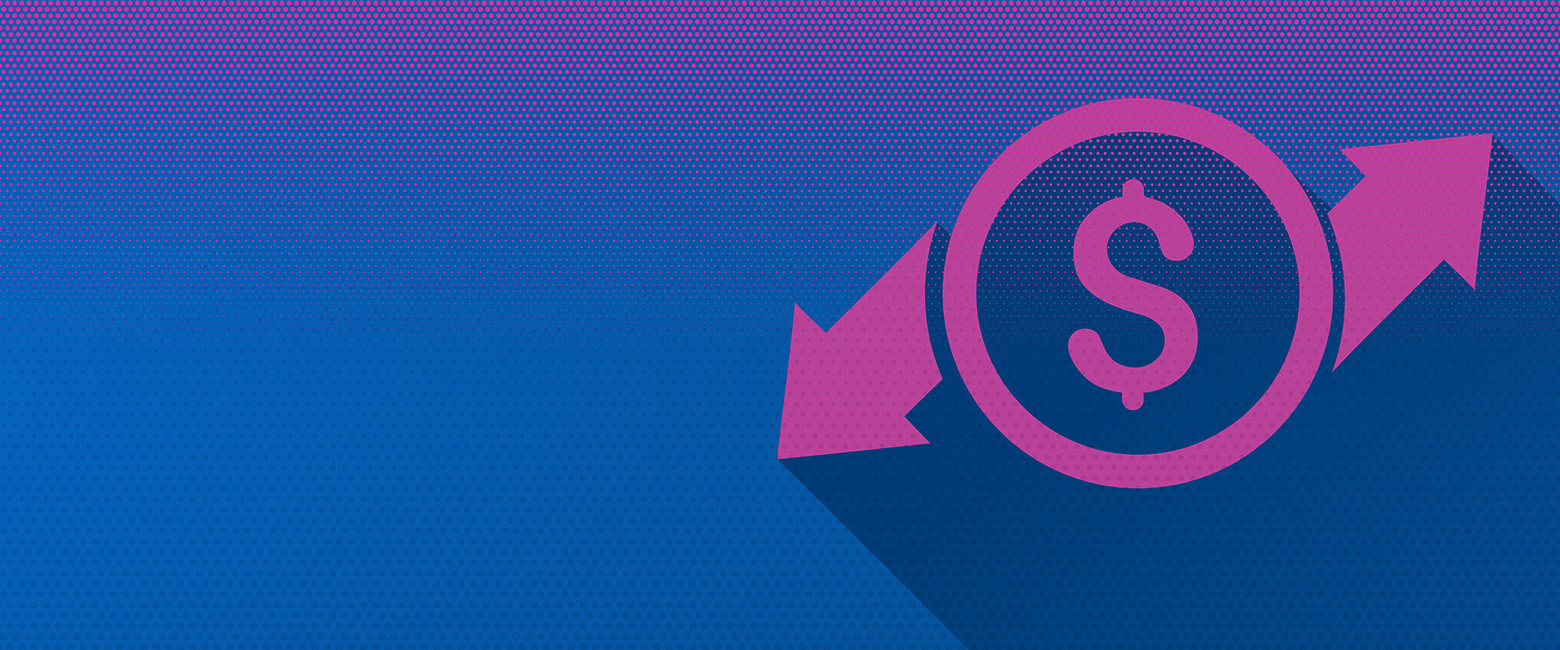 Vibrant purple and blue dollar symbol on blue backdrop.