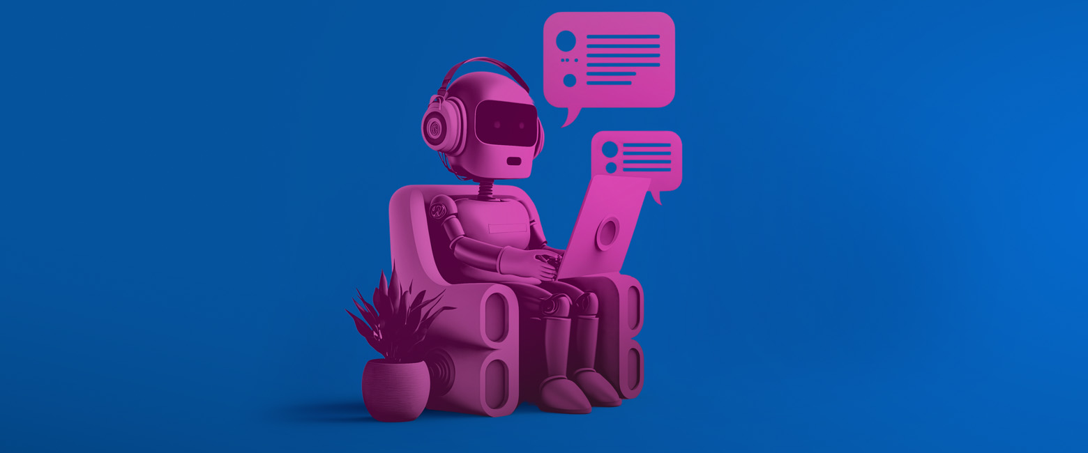 A robot seated in a chair, using a laptop, surrounded by chat figures.