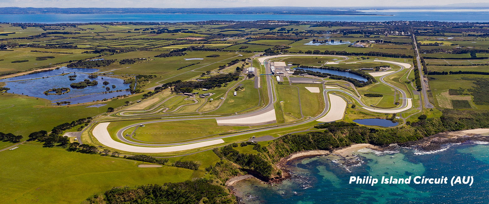Aerial view of Phillip Island Circuit in Australia, showcasing the race track and surrounding landscape.