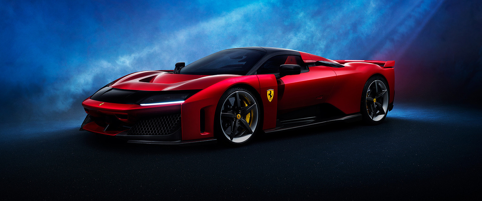 A sleek Ferrari F80 supercar displayed prominently, showcasing its aerodynamic design and vibrant red color.