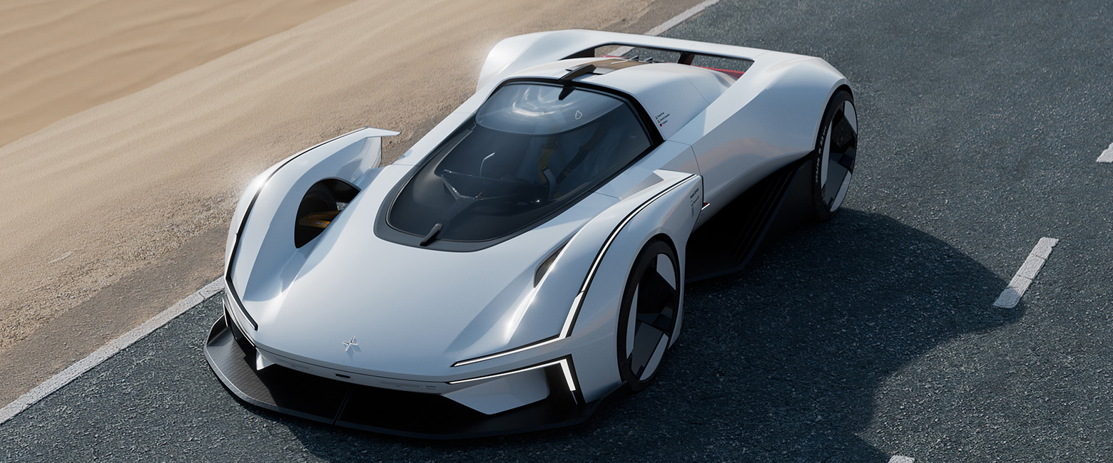 Polestar Synergy concept electric car cruising on road.