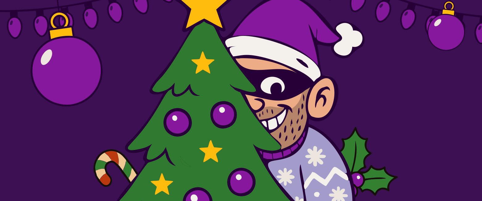 Cartoon illustration of a festive Christmas tree decorated with purple ornaments and a yellow star, with a mischievous character in a purple Santa hat peeking from behind; promoting holiday phishing awareness.