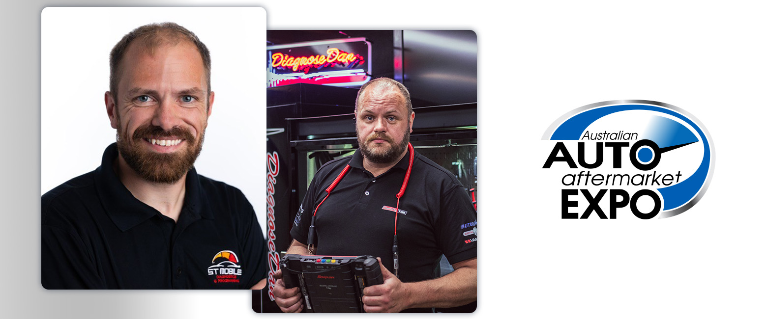 Danny Versluis, aka ‘Diagnose Dan’, and Sean Tipping in front of a banner that reads "Australian Auto Aftermarket Expo".