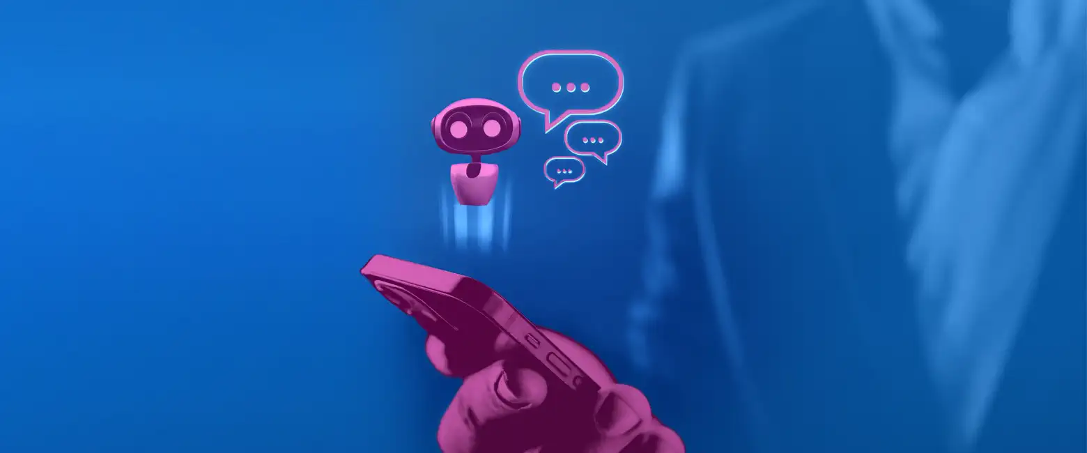 Professional holding phone with pink robot, showcasing modern technology and innovation.