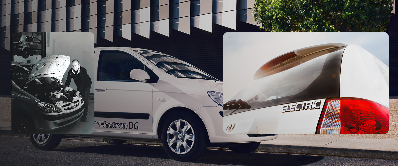 Collage featuring the Blade Electron: main image of a white “Electron DG” EV parked on a street; inset black-and-white photo of Ross Blade working under the bonnet; and a colour close-up of a rear badge reading “ELECTRIC”.