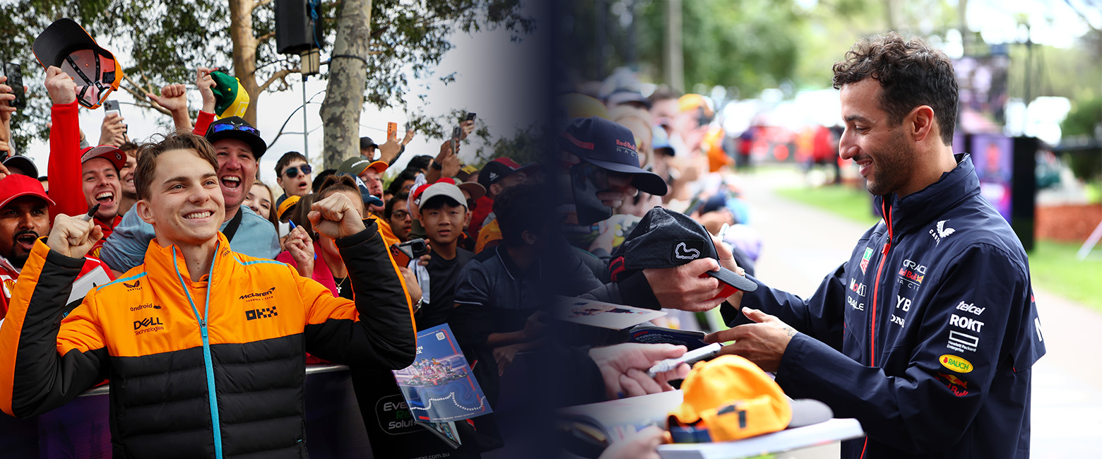 Oscar Piastri and Daniel Ricciardo interacting with fans at Melbourne Walk