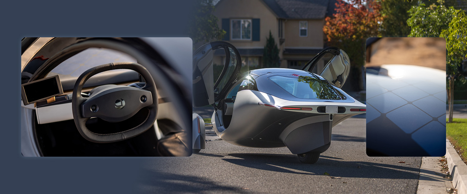  A futuristic car with a sleek steering wheel parked on the street, alongside a house. Another photo showcases the car's unique rectangular-shaped steering wheel. The third image highlights a close-up of the car's roof solar panel.