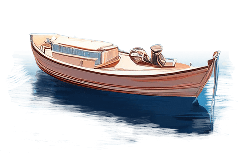 A wooden boat with a light tan and cream finish floats on a reflective blue water surface, featuring a small cabin and two motors.