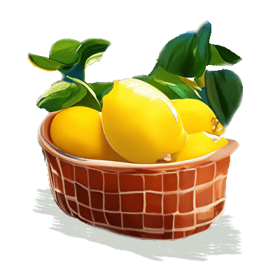 A terracotta-colored bowl filled with fresh, bright yellow lemons and accompanied by green leaves.