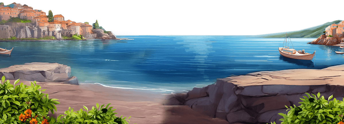 A scenic footer illustration showing a panoramic view of Cefalù, Sicily, with clear blue waters, coastal cliffs, and boats in the sea. Green shrubs with orange flowers frame the foreground.