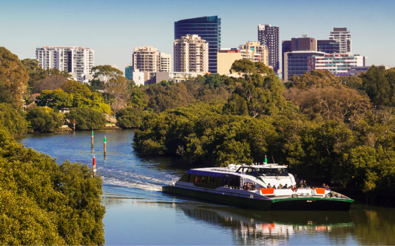 Parramatta River ferry cruising through lush greenery with the Parramatta city skyline in the background, highlighting urban connectivity and natural beauty.
