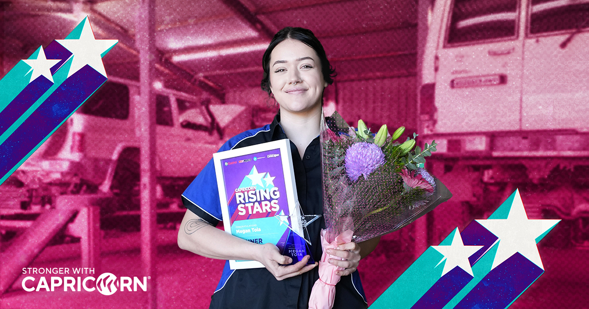 Megan Toia, the 2024 Capricorn Rising Stars Overall Winner, smiles while holding flowers, a certificate and trophy that reads "Capricorn Rising Stars Certificate Mega Toia Winner."