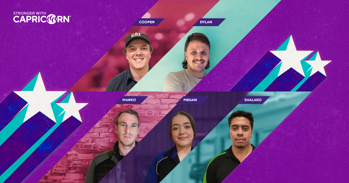 Cooper, Dylan, Marko, Megan, Shalako on colourful background