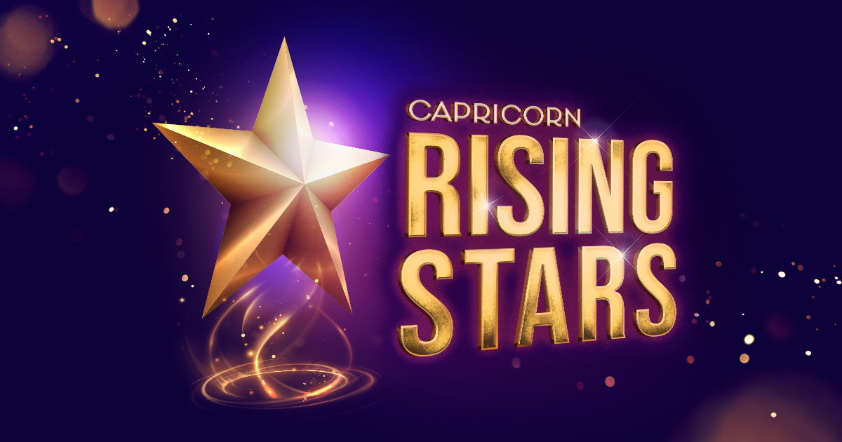 A golden star with a glowing effect on a dark blue background. The text 'CAPRICORN RISING STARS' is prominently displayed in large, golden letters next to the star.