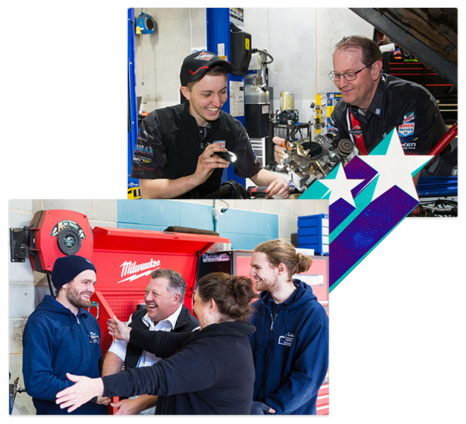 Photo collage, top photo shows a mechanic and apprentice working on a car, and the bottom photo shows people happily hugging the Capricorn Rising Stars apprentice winner Mark.