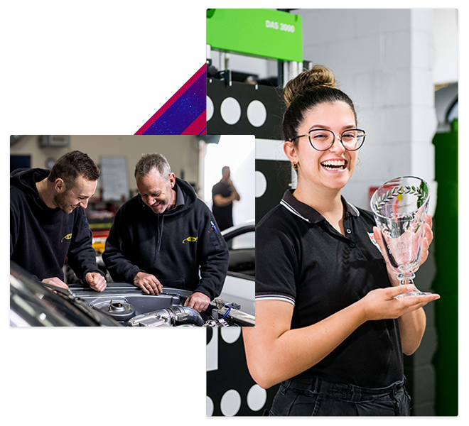 Photo collage, left photo show a mechanic working with an apprentice in a car and the right photo shows Capricorn Rising Stars winner Chelsea holding her trophy and smiling to the camera