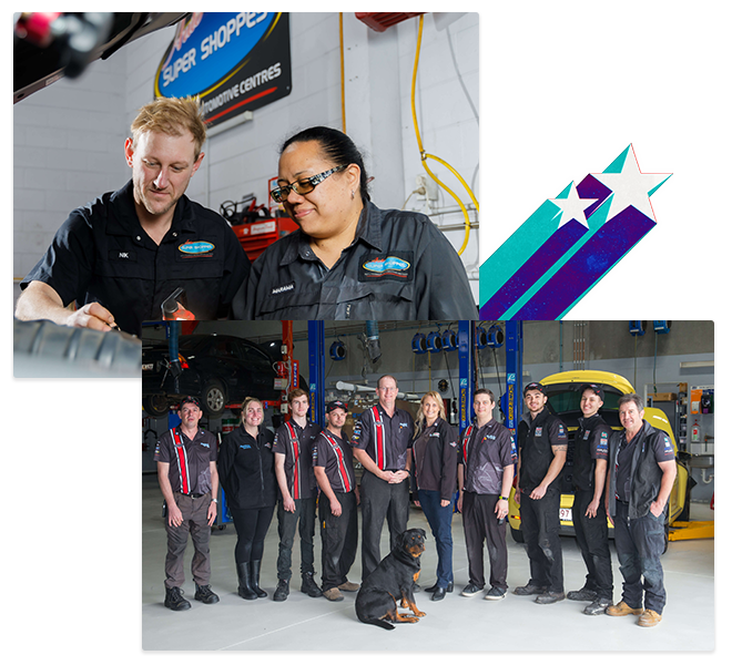 Photo collage, photo on the top shows an apprentice working on a vehicle with a mechanic and the bottom photo shows a group of mechanics in a workshop around the Capricorn Rising Stars winner Gabby posing and smiling to the camera. 