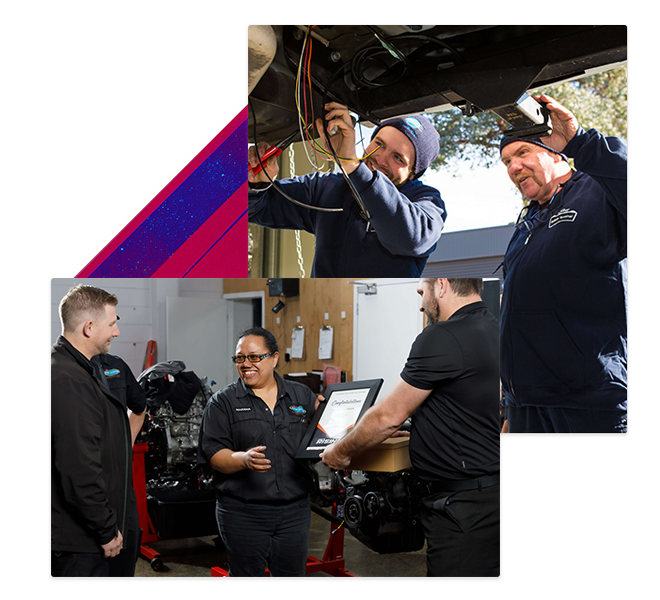 Photo collage, top photo shows a Mechanic working with apprentice and bottom photo shows Marama receiving her certificate of winner of the Capricorn Rising Stars