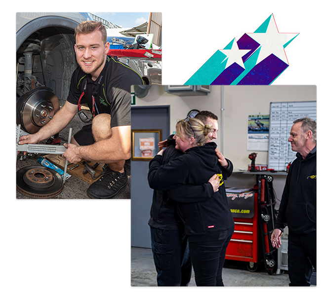 Photo collage, left photo shows an apprentice working on a vehicle and right photo shows Capricorn Rising Stars winner Ben crying and being hugged in congratulations of his win.